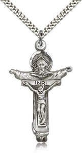 Sterling Silver Trinity Crucifix Pendant, Stainless Silver Heavy Curb Chain, 1 3/4" x 1" Sterling Silver Trinity Crucifix Pendant, Stainless Silver Heavy Curb Chain, 1 3/4" x 1"