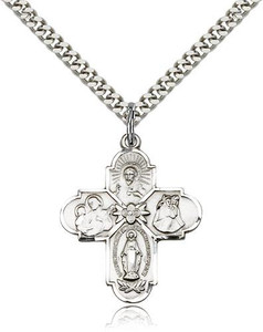 Sterling Silver 4-Way Pendant, Stainless Silver Heavy Curb Chain, 1" x 7/8" Sterling Silver 4-Way Pendant, Stainless Silver Heavy Curb Chain, 1" x 7/8"