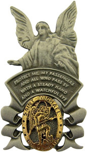 Pewter Guardian Angel with Gold St Michael Medal Visor Clip 42137 Pewter Guardian Angel with Gold St Michael Medal Visor Clip 42137