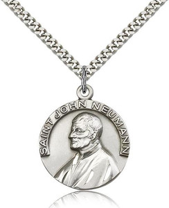 Sterling Silver St. John Neumann Pendant, Stainless Silver Heavy Curb Chain, 1" x 7/8" Sterling Silver St. John Neumann Pendant, Stainless Silver Heavy Curb Chain, 1" x 7/8"