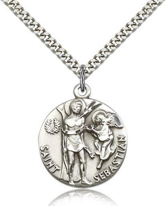 Sterling Silver St. Sebastian Pendant, Stainless Silver Heavy Curb Chain, 1" x 7/8" Sterling Silver St. Sebastian Pendant, Stainless Silver Heavy Curb Chain, 1" x 7/8"