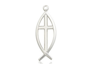 Sterling Silver Fish / Cross Pendant, Stainless Silver Heavy Curb Chain, 1" x 3/8" Sterling Silver Fish / Cross Pendant, Stainless Silver Heavy Curb Chain, 1" x 3/8"