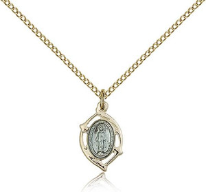 Gold Filled Miraculous Pendant, Gold Filled Lite Curb Chain, 5/8" x 3/8" Gold Filled Miraculous Pendant, Gold Filled Lite Curb Chain, 5/8" x 3/8"