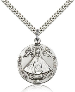 Sterling Silver Senora de Los Lagos Pendant, Stainless Silver Heavy Curb Chain, 1" x 7/8" Sterling Silver Senora de Los Lagos Pendant, Stainless Silver Heavy Curb Chain, 1" x 7/8"
