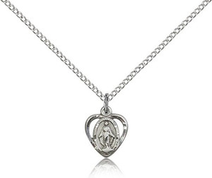 Sterling Silver Miraculous Pendant, Lite Curb Chain, 3/8" x 3/8" Sterling Silver Miraculous Pendant, Lite Curb Chain, 3/8" x 3/8"