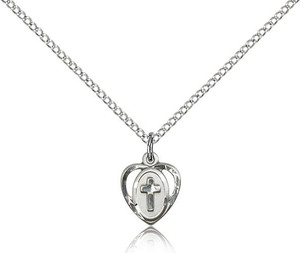 Sterling Silver Heart / Cross Pendant, Lite Curb Chain, 3/8" x 3/8"