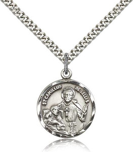 Sterling Silver St. Camillus of Lellis Pendant, Stainless Silver Heavy Curb Chain, 7/8" x 3/4" Sterling Silver St. Camillus of Lellis Pendant, Stainless Silver Heavy Curb Chain, 7/8" x 3/4"