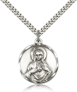 Sterling Silver Immaculate Heart of Mary Pendant, Stainless Silver Heavy Curb Chain, 1" x 7/8" Sterling Silver Immaculate Heart of Mary Pendant, Stainless Silver Heavy Curb Chain, 1" x 7/8"