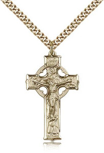 Gold Filled Celtic Crucifix Pendant, Stainless Gold Heavy Curb Chain, 1 3/8" x 3/4" Gold Filled Celtic Crucifix Pendant, Stainless Gold Heavy Curb Chain, 1 3/8" x 3/4"