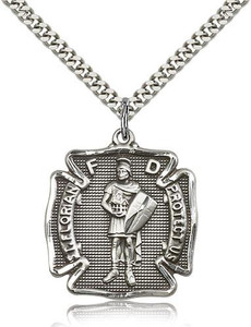 Sterling Silver St. Florian Pendant, Stainless Silver Heavy Curb Chain, 1 1/8" x 1" Sterling Silver St. Florian Pendant, Stainless Silver Heavy Curb Chain, 1 1/8" x 1"