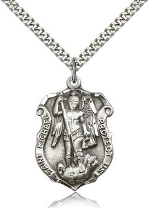 Sterling Silver St. Michael the Archangel Pendant, Stainless Silver Heavy Curb Chain, 1 1/4" x 7/8" Sterling Silver St. Michael the Archangel Pendant, Stainless Silver Heavy Curb Chain, 1 1/4" x 7/8"