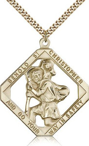 Gold Filled St. Christopher Pendant, Stainless Gold Heavy Curb Chain, 1 3/4" x 1 1/2" Gold Filled St. Christopher Pendant, Stainless Gold Heavy Curb Chain, 1 3/4" x 1 1/2"