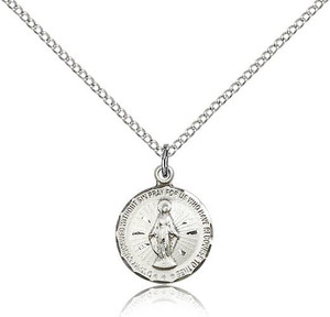 Sterling Silver Miraculous Pendant, Lite Curb Chain, 5/8" x 1/2"