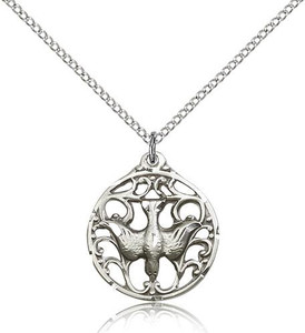 Sterling Silver Holy Spirit Pendant, Lite Curb Chain, 7/8" x 3/4" Sterling Silver Holy Spirit Pendant, Lite Curb Chain, 7/8" x 3/4"