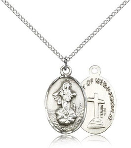 Sterling Silver Our Lady of Medugorje Pendant, Lite Curb Chain, 7/8" x 1/2" Sterling Silver Our Lady of Medugorje Pendant, Lite Curb Chain, 7/8" x 1/2"