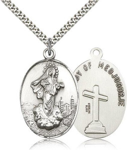 Sterling Silver Our Lady of Medugorje Pendant, Stainless Silver Heavy Curb Chain, 1 3/8" x 7/8" Sterling Silver Our Lady of Medugorje Pendant, Stainless Silver Heavy Curb Chain, 1 3/8" x 7/8"