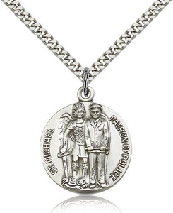 Sterling Silver St. Michael the Archangel Pendant, Stainless Silver Heavy Curb Chain, 1" x 7/8" Sterling Silver St. Michael the Archangel Pendant, Stainless Silver Heavy Curb Chain, 1" x 7/8"