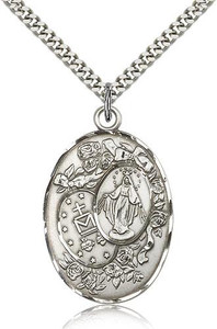 Sterling Silver Miraculous Pendant, Stainless Silver Heavy Curb Chain, 1 3/8" x 7/8" Sterling Silver Miraculous Pendant, Stainless Silver Heavy Curb Chain, 1 3/8" x 7/8"