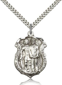 Sterling Silver St. Michael the Archangel Pendant, Stainless Silver Heavy Curb Chain, 1 1/4" x 7/8" Sterling Silver St. Michael the Archangel Pendant, Stainless Silver Heavy Curb Chain, 1 1/4" x 7/8"
