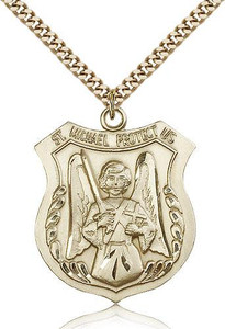 Gold Filled St. Michael the Archangel Pendant, Stainless Gold Heavy Curb Chain, 1 3/8" x 1 1/8" Gold Filled St. Michael the Archangel Pendant, Stainless Gold Heavy Curb Chain, 1 3/8" x 1 1/8"
