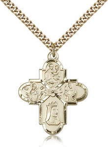 Gold Filled Franciscan 4-Way Pendant, Stainless Gold Heavy Curb Chain, 1 1/4" x 1" Gold Filled Franciscan 4-Way Pendant, Stainless Gold Heavy Curb Chain, 1 1/4" x 1"