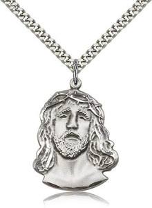 Sterling Silver Ecce Homo Pendant, Stainless Silver Heavy Curb Chain, 1 1/4" x 7/8" Sterling Silver Ecce Homo Pendant, Stainless Silver Heavy Curb Chain, 1 1/4" x 7/8"