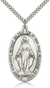 Sterling Silver Miraculous Pendant, Stainless Silver Heavy Curb Chain, 1 5/8" x 1" Sterling Silver Miraculous Pendant, Stainless Silver Heavy Curb Chain, 1 5/8" x 1"