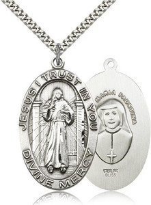 Sterling Silver Divine Mercy Pendant, Stainless Silver Heavy Curb Chain, 1 5/8" x 1" Sterling Silver Divine Mercy Pendant, Stainless Silver Heavy Curb Chain, 1 5/8" x 1"