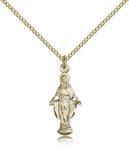 Gold Filled Miraculous Pendant, Gold Filled Lite Curb Chain, 7/8" x 3/8" Gold Filled Miraculous Pendant, Gold Filled Lite Curb Chain, 7/8" x 3/8"