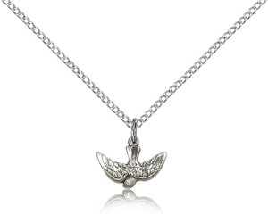 Sterling Silver Holy Spirit Pendant, Lite Curb Chain, 3/8" x 1/2"