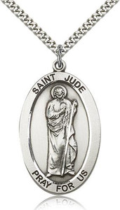 Sterling Silver St. Jude Pendant, Stainless Silver Heavy Curb Chain, 1 5/8" x 1" Sterling Silver St. Jude Pendant, Stainless Silver Heavy Curb Chain, 1 5/8" x 1"