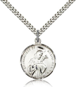 Sterling Silver St. Francis of Assisi Pendant, Stainless Silver Heavy Curb Chain, 7/8" x 3/4" Sterling Silver St. Francis of Assisi Pendant, Stainless Silver Heavy Curb Chain, 7/8" x 3/4"