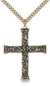 Gold Filled Cross Pendant, Stainless Gold Heavy Curb Chain, 1 5/8" x 1 1/4" Gold Filled Cross Pendant, Stainless Gold Heavy Curb Chain, 1 5/8" x 1 1/4"