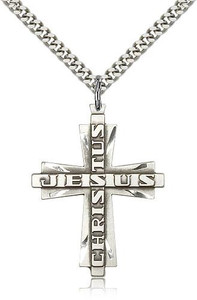 Sterling Silver Jesus Christus Cross Pendant, Stainless Silver Heavy Curb Chain, 1 3/8" x 1" Sterling Silver Jesus Christus Cross Pendant, Stainless Silver Heavy Curb Chain, 1 3/8" x 1"