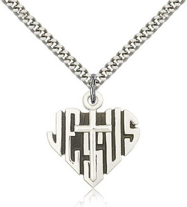 Sterling Silver Heart of Jesus / Cross Pendant, Stainless Silver Heavy Curb Chain, 7/8" x 7/8" Sterling Silver Heart of Jesus / Cross Pendant, Stainless Silver Heavy Curb Chain, 7/8" x 7/8"