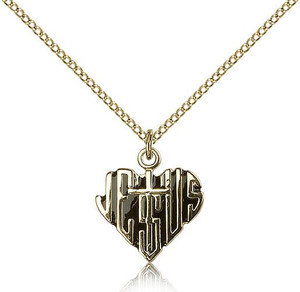 Gold Filled Heart of Jesus / Cross Pendant, Gold Filled Lite Curb Chain, 5/8" x 5/8"