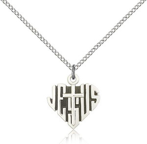 Sterling Silver Heart of Jesus / Cross Pendant, Lite Curb Chain, 5/8" x 5/8"