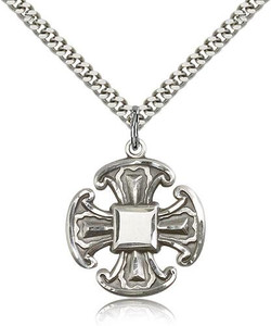 Sterling Silver Cross Pendant, Stainless Silver Heavy Curb Chain, 1" x 7/8" Sterling Silver Cross Pendant, Stainless Silver Heavy Curb Chain, 1" x 7/8"