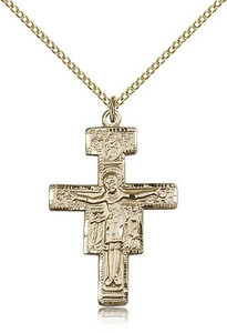 Gold Filled San Damiano Crucifix Pendant, Gold Filled Lite Curb Chain, 1 1/4" x 7/8" Gold Filled San Damiano Crucifix Pendant, Gold Filled Lite Curb Chain, 1 1/4" x 7/8"