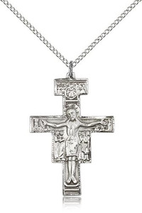 Sterling Silver San Damiano Crucifix Pendant, Lite Curb Chain, 1 1/4" x 7/8"