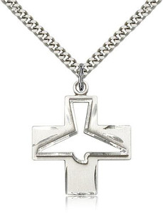 Sterling Silver Holy Spirit Pendant, Stainless Silver Heavy Curb Chain, 1 1/8" x 1" Sterling Silver Holy Spirit Pendant, Stainless Silver Heavy Curb Chain, 1 1/8" x 1"