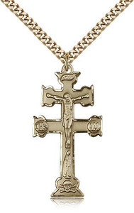 Gold Filled Caravaca Crucifix Pendant, Stainless Gold Heavy Curb Chain, 1 1/2" x 3/4" Gold Filled Caravaca Crucifix Pendant, Stainless Gold Heavy Curb Chain, 1 1/2" x 3/4"