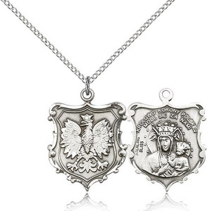 Sterling Silver Our Lady of Czestochowa Pendant, Lite Curb Chain, 1" x 3/4" Sterling Silver Our Lady of Czestochowa Pendant, Lite Curb Chain, 1" x 3/4"