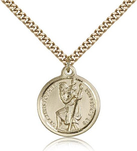 Gold Filled St. Christopher Pendant, Stainless Gold Heavy Curb Chain, 7/8" x 3/4" Gold Filled St. Christopher Pendant, Stainless Gold Heavy Curb Chain, 7/8" x 3/4"