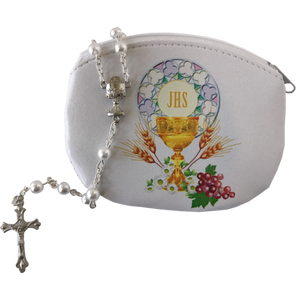 First Communion Rosary Pouch with White Bead Rosary Set 108-20-7500