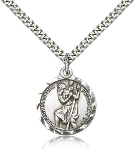 Sterling Silver St. Christopher Pendant, Stainless Silver Heavy Curb Chain, 7/8" x 3/4" Sterling Silver St. Christopher Pendant, Stainless Silver Heavy Curb Chain, 7/8" x 3/4"