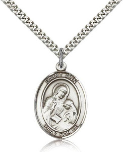 Sterling Silver St. Ann Pendant, Stainless Silver Heavy Curb Chain, Large Size Catholic Medal, 1" x 3/4" Sterling Silver St. Ann Pendant, Stainless Silver Heavy Curb Chain, Large Size Catholic Medal, 1" x 3/4"