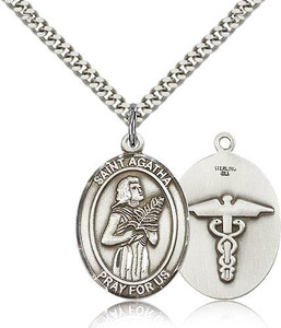 Sterling Silver St. Agatha Pendant, Stainless Silver Heavy Curb Chain, Large Size Catholic Medal, 1" x 3/4" Sterling Silver St. Agatha Pendant, Stainless Silver Heavy Curb Chain, Large Size Catholic Medal, 1" x 3/4"