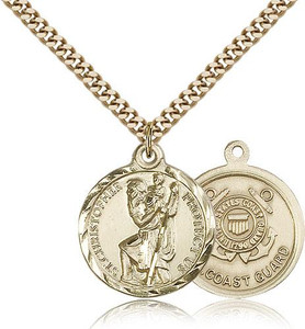 Gold Filled St. Christopher Coast Guard Pendant, Gold Heavy Curb Chain, 7/8" x 3/4" Gold Filled St. Christopher Coast Guard Pendant, Gold Heavy Curb Chain, 7/8" x 3/4"