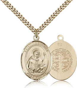 Gold Filled St. Benedict Pendant, Stainless Gold Heavy Curb Chain, Large Size Catholic Medal, 1" x 3/4" Gold Filled St. Benedict Pendant, Stainless Gold Heavy Curb Chain, Large Size Catholic Medal, 1" x 3/4"